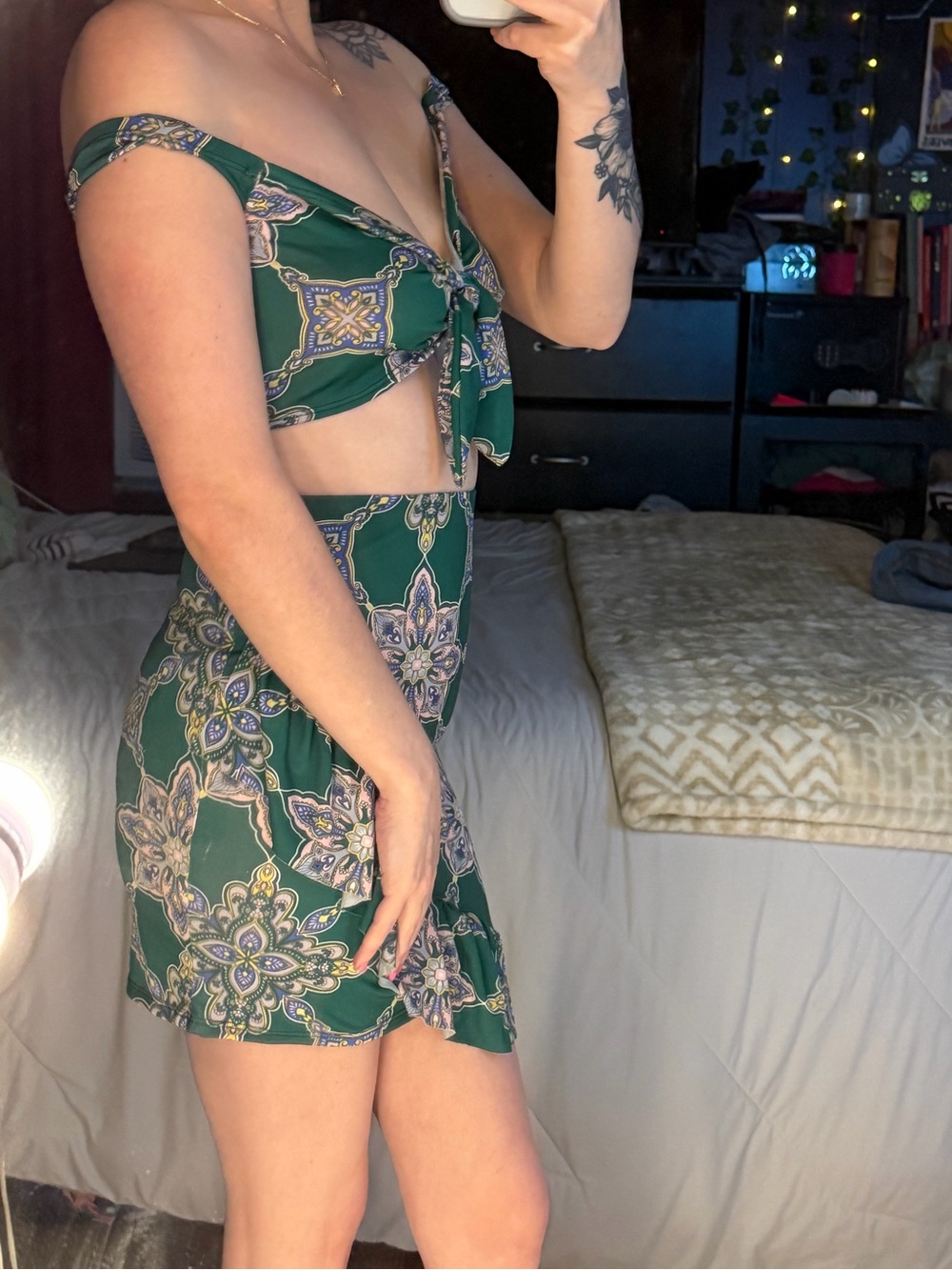 Missguided Dark Green Paisley Tie-Front Crop Top & Mini Skirt Set